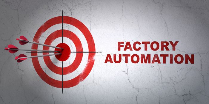 Success Manufacuring concept: arrows hitting the center of target, Red Factory Automation on wall background, 3D rendering