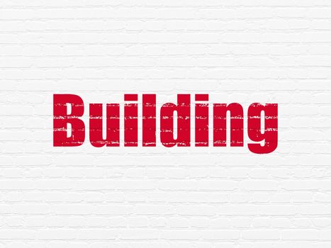 Building construction concept: Painted red text Building on White Brick wall background