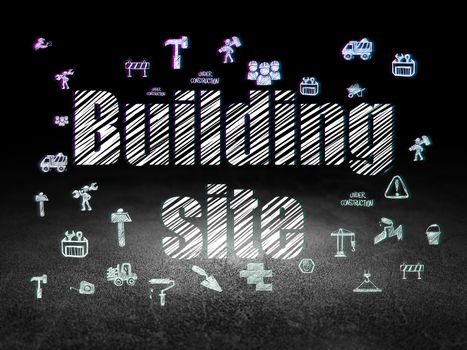 Construction concept: Glowing text Building Site,  Hand Drawn Building Icons in grunge dark room with Dirty Floor, black background