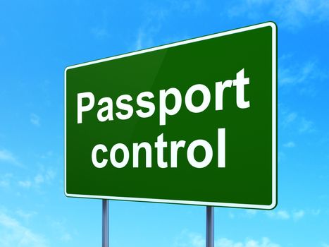 Travel concept: Passport Control on green road highway sign, clear blue sky background, 3D rendering