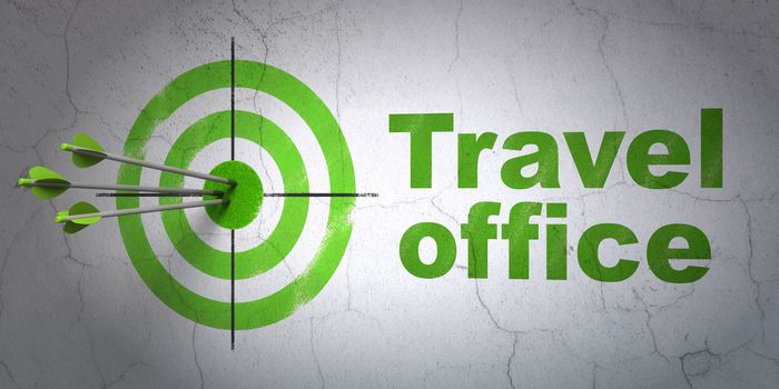 Success vacation concept: arrows hitting the center of target, Green Travel Office on wall background, 3D rendering