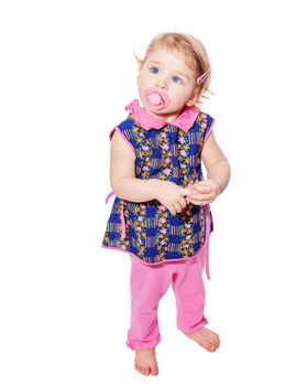 Little girl wearing pink clothes isolated on white