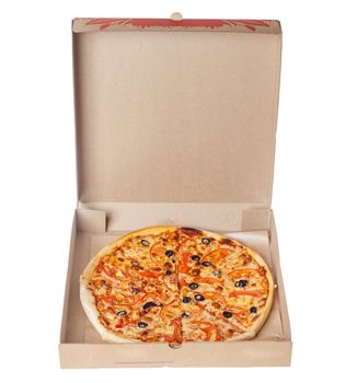 Appetizing Italian pizza margarita in box isolated on white