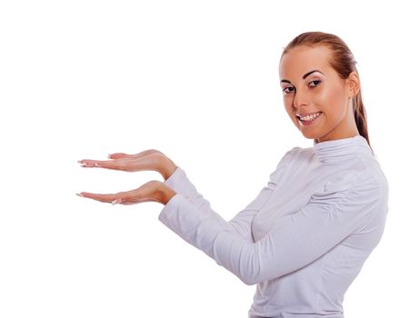 young confident business woman making presentation isolated