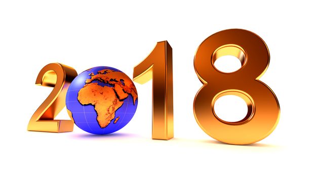New Year 2018 Earth Africa planet on the white background. 3d illustration.