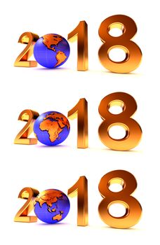 Setof Year 2018 Earth gobe on the white - 3d illustration.