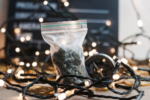 Quarter marijuana in plastic bag. Christmas weed edition.