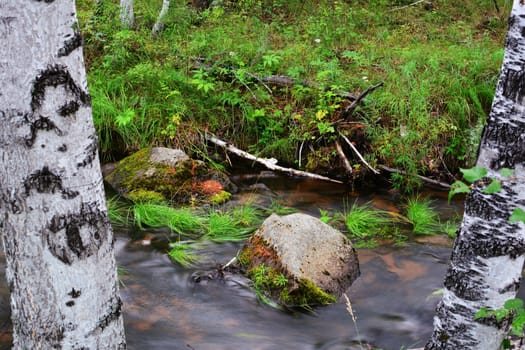 Long exposure photo with blurry water. Water flows among the stones.