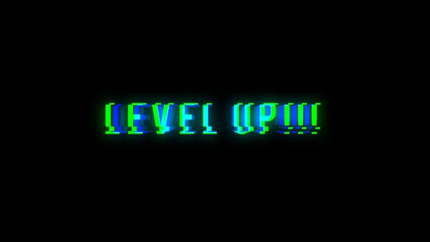 Level UP text with bad signal. Glitch effect. 3d rendering