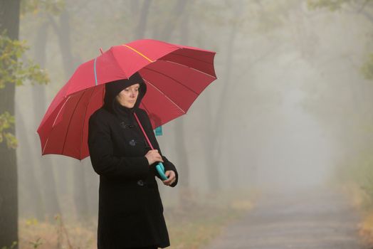 Woman with red umbrella and foggy forest