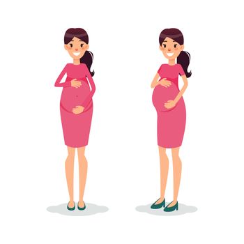 Pregnant happy flat women. Future mom cartoon character. Expectant mother posing