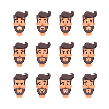 Man s head with different emotions. Cartoon male faces character set. Facial emotions for game or animation. Avatar of a young men with different expressions face. Joy, happiness, surprise, doubt, gloominess and other mood.