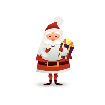 Santa Claus with gift and present box. Happy Christmas father cartoon character. Cute X-mas character for holiday design. New year Greeting Card for invitation, congratulation. Flat illustration