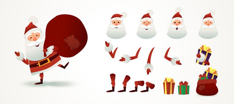 Santa Claus set for animation and motion design. Christmas father emotion, part body, present boxes, hats. Cute X-mas character for Holiday design with sack full of gift. New year Greeting Card for invitation, congratulation. Flat illustration