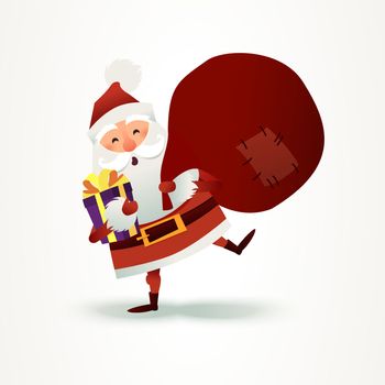 Santa Claus with sack full of gift and present boxes. Happy Christmas father cartoon character. Cute X-mas character for Holiday design. New year Greeting Card for invitation, congratulation. Flat illustration. Ho Ho Ho