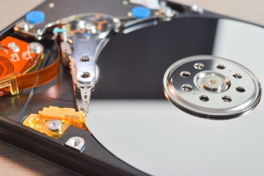 close up of a hard disk inside