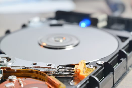 close up of a hard disk inside