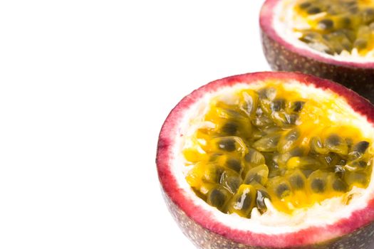 Closeup up passion fruit with sliced on white background, fruit for healthy concept