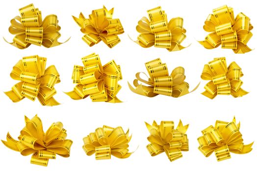Big set of gold gift bows with ribbons. Isolated on white background