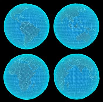 Set Of Futuristic Digital Earth. North America. South America. Africa. Asia. Europe And Australia. 3d illustration