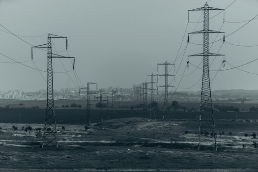 industrial landscape, high voltage poles with wires