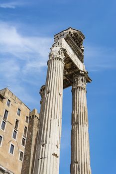 Temple of Vespasian and Titus in Roman Forum, Rome. The Roman Forum is one of the main tourist attractions of Rome.