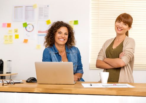 Two happy businesswoman working together in an office