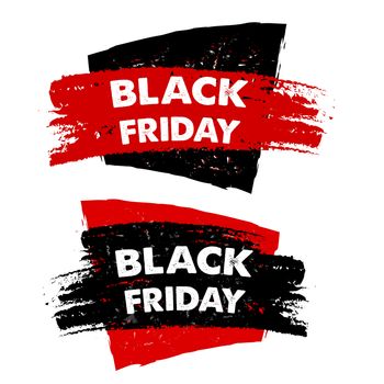black friday, sale banners - text in red black drawn labels, business seasonal shopping concept