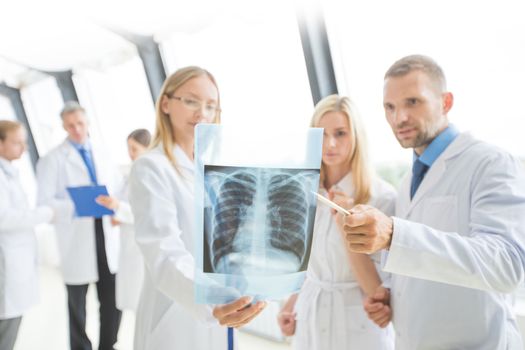 Group of doctors look and discuss x-ray in a clinic or hospital