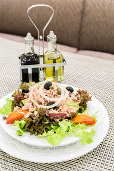 Tuna salad with fresh vegetable, mediterranean cuisine