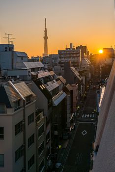 Tokyo Skytree with skyline building sunrise Ueno Japan