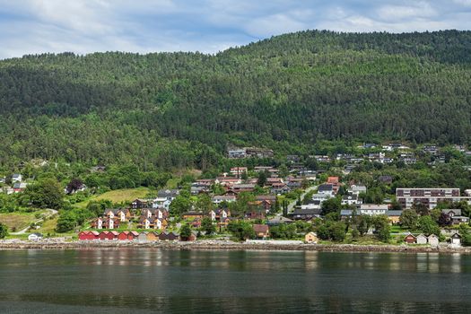 View of Molde city and mountain seen from the sea, Norway