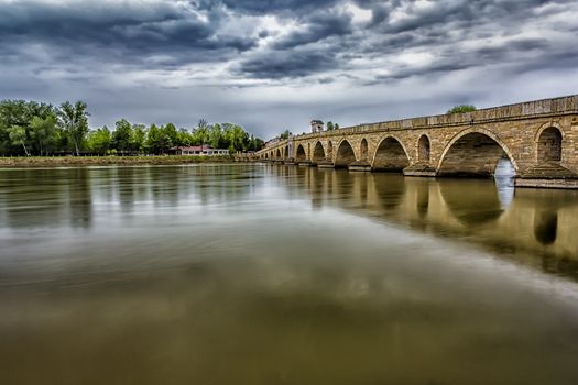 Beautiful Bridge above Meric River at cloudy day in Edirne, Turkey