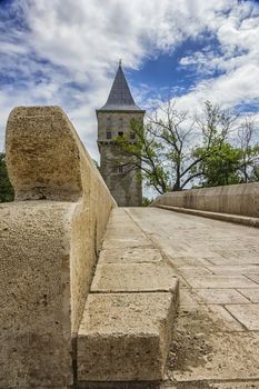 Court Tower of Justice and Sultan Suleyman bridge in Edirne city of Turkey.Freedom tower to kirkpinar using old stone bridge