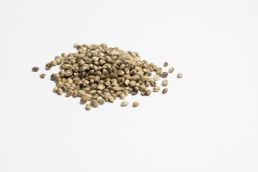 A group of raw cannabis seed disposed on a white background