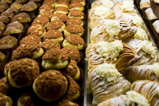 A lot of pastries exposed in a pastry shop