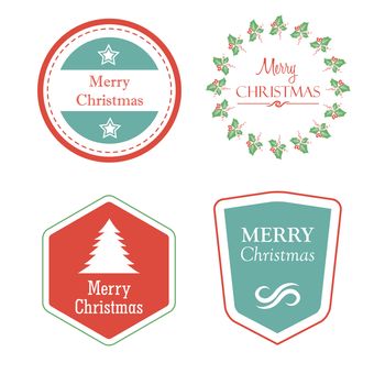 merry christmas in four holiday labels with christmas tree, star, mistletoe, greeting cards