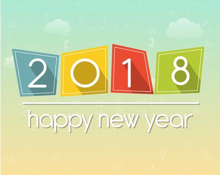 happy new year 2018 in flat colored tablets over cloudy sky background, holiday seasonal concept