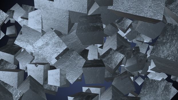 A holographic 3d rendering of a square shaped charcoals flying around. They spin around in a blue background. They remind us about family barbeques and picnics outdoors.