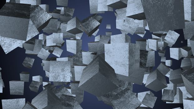 A holographic 3d rendering of a square shaped charcoals flying around. They spin around in a blue background. They remind us about family barbeques and picnics outdoors.