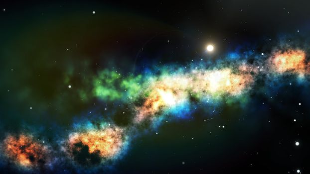 An amazing 3d rendering of some space nebula with black universe, sparkling stars, meteors, planets, black holes, and unusual yellow and brown clouds. It looks dreamlike and breathtaking.