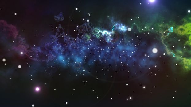 A dreamlike 3d rendering of some universe sector with dark violet universe, sparkling stars, meteors, planets, black holes, misty nebula. It looks alien and trancelike.