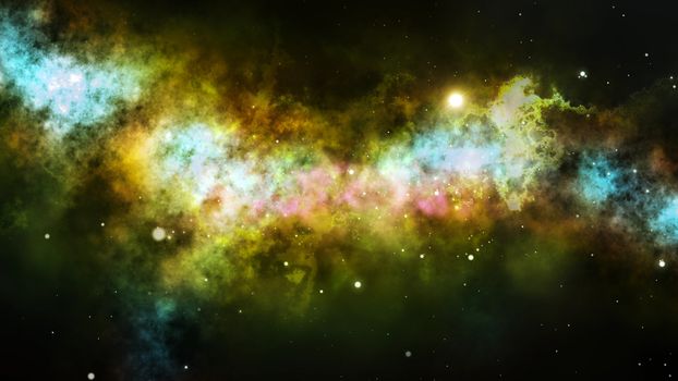 A mesmerizing 3d illustration of some space nebula with black universe, sparkling stars, meteors, planets, black holes, and mysterious yellow and brown clouds. It looks dreamlike and awesome