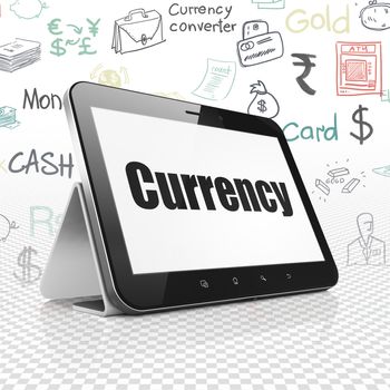 Currency concept: Tablet Computer with  black text Currency on display,  Hand Drawn Finance Icons background, 3D rendering