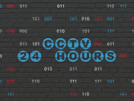 Safety concept: Painted blue text CCTV 24 hours on Black Brick wall background with Binary Code