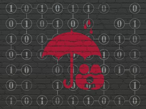 Safety concept: Painted red Family And Umbrella icon on Black Brick wall background with Scheme Of Binary Code