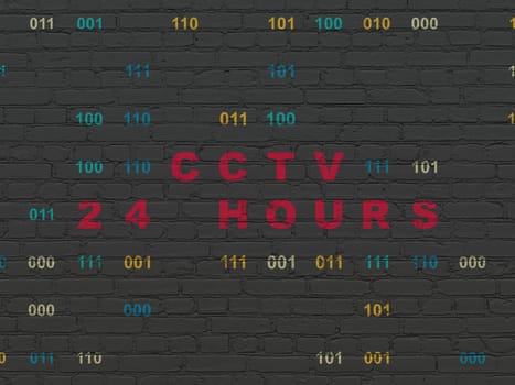 Privacy concept: Painted red text CCTV 24 hours on Black Brick wall background with Binary Code