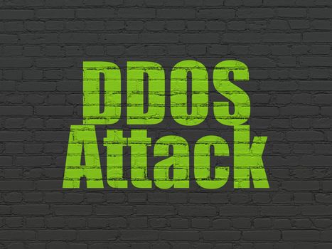 Protection concept: Painted green text DDOS Attack on Black Brick wall background
