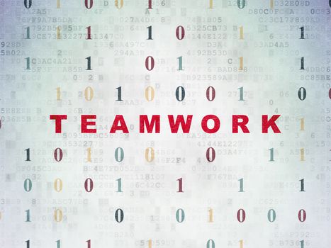 Business concept: Painted red text Teamwork on Digital Data Paper background with Binary Code