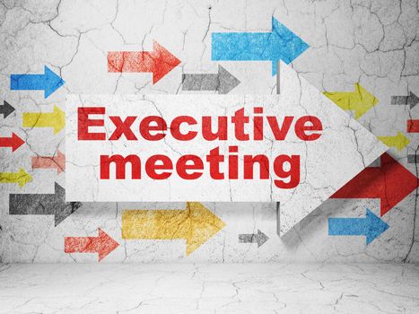 Business concept:  arrow with Executive Meeting on grunge textured concrete wall background, 3D rendering